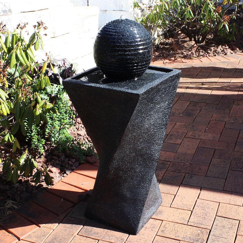 Black Ball Solar Outdoor Water Fountain with Battery - 32" with LED
