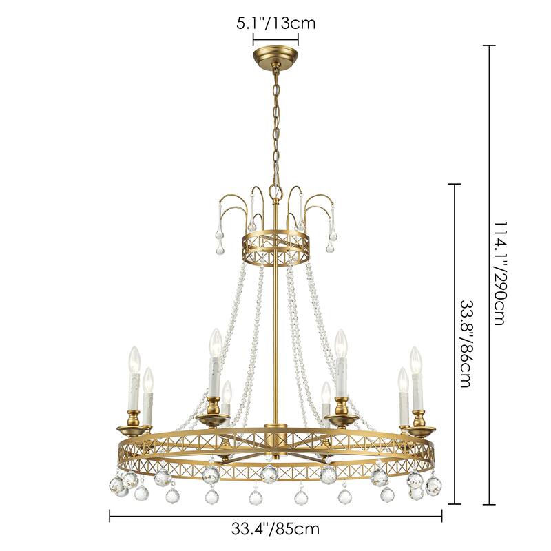 8-Light Glam Modern Wagon Wheel Gold Crystal Chandelier with Crystal Beads - 33.4 in. W x 33.8 in. H