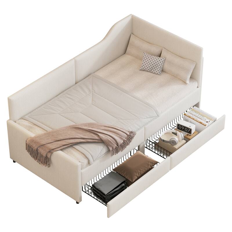 L-Shaped Twin Daybed with Storage Drawers, Corduroy Upholstery, Beige