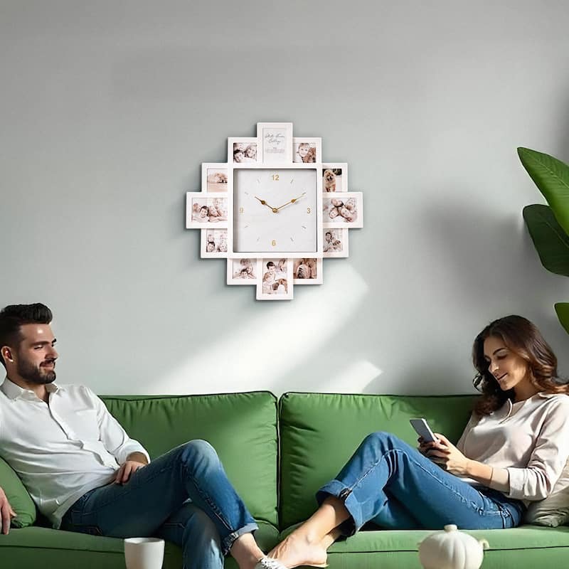 American Art Decor Picture Frame Collage Wall Clock 12 Photo Display Slots