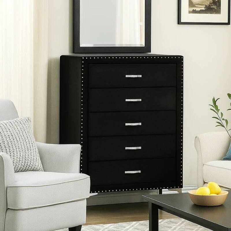 Moha 50 Inch Tall Dresser Chest, 5 Drawers, Metal Handles, Black Velvet