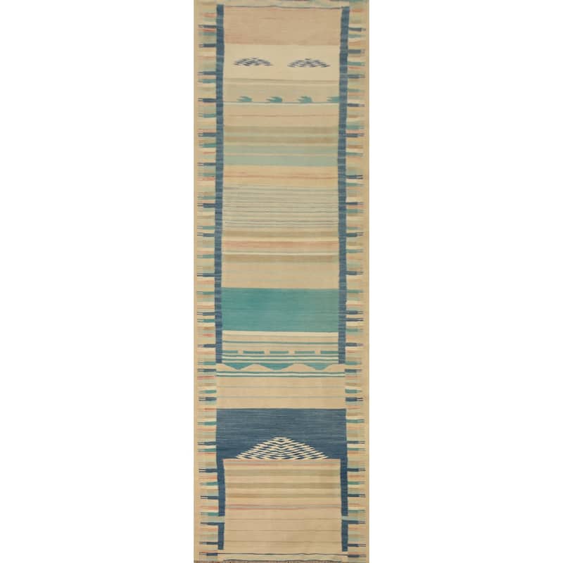 Hand Woven Oriental 100% Wool Carpet Southwestern Tribal Multi-Colored Kilim Runner Rug - 11' 5'' X 2' 5''