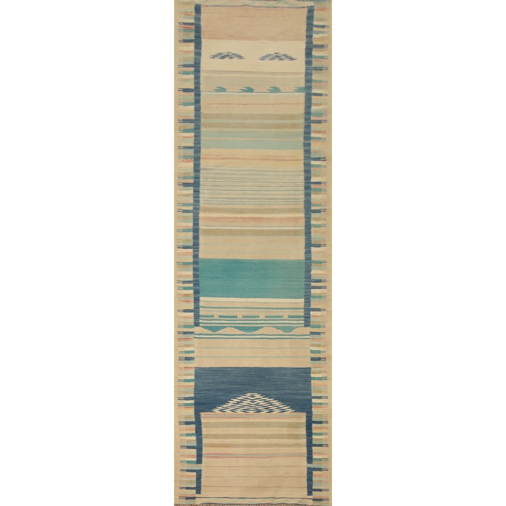 Hand Woven Oriental 100% Wool Carpet Southwestern Tribal Multi-Colored Kilim Runner Rug - 11' 5'' X 2' 5''