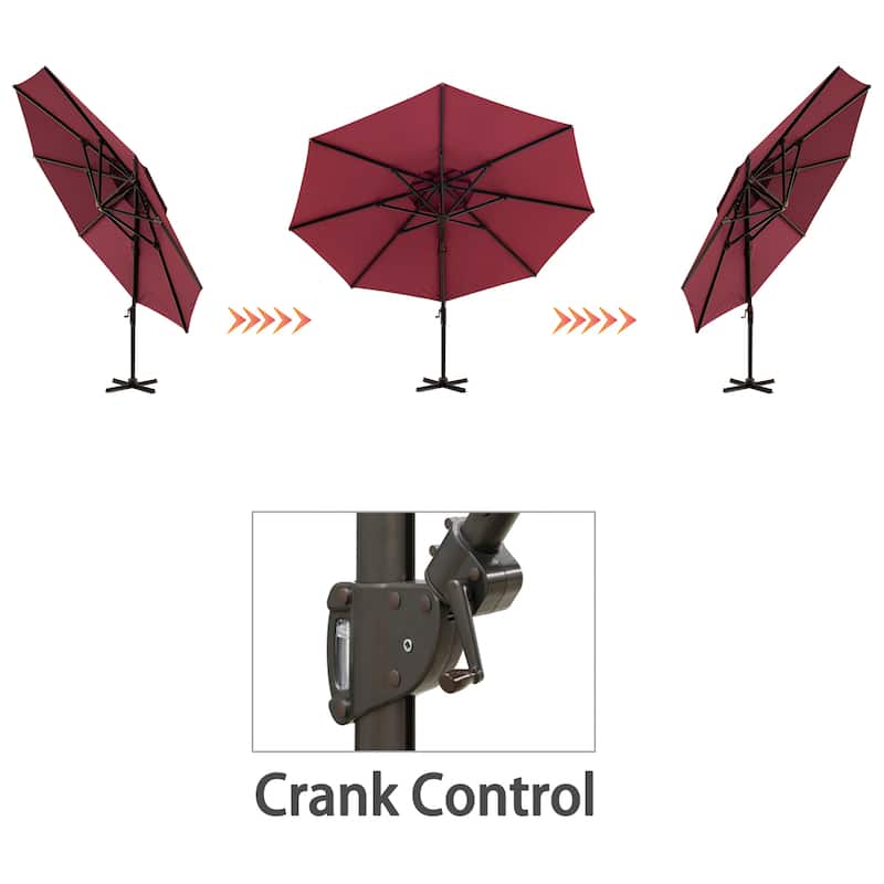 11 ft Outdoor Aluminum Dual Top Solar Powered LED Lighted Patio Cantilever Umbrella and Weighted Base