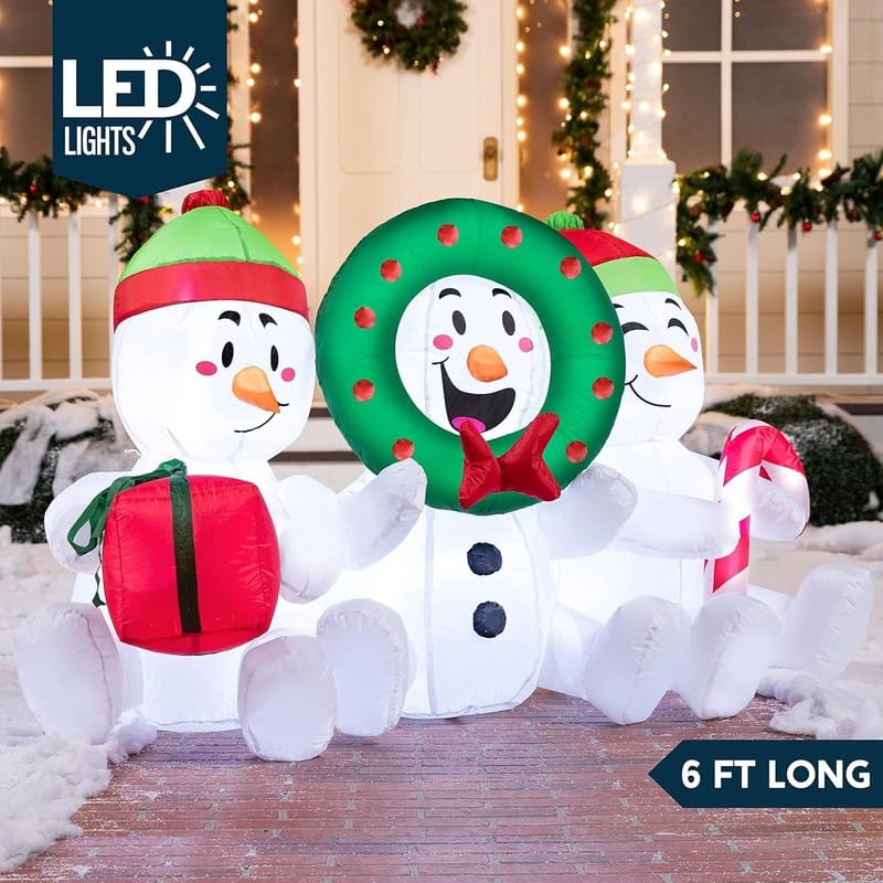 6 FT Long Christmas Inflatable Snowmen Outdoor Decoration, Three Sitting Snowmans with Build-in LEDs Blow Up Inflatables - White
