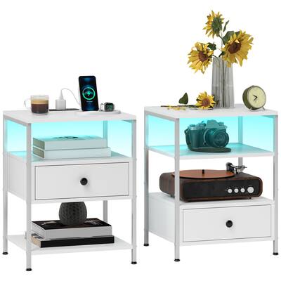 Set of 2 End Tables with Charging Stations and LED Lights, 3-Tier Side Tables with USB Ports and Outlets
