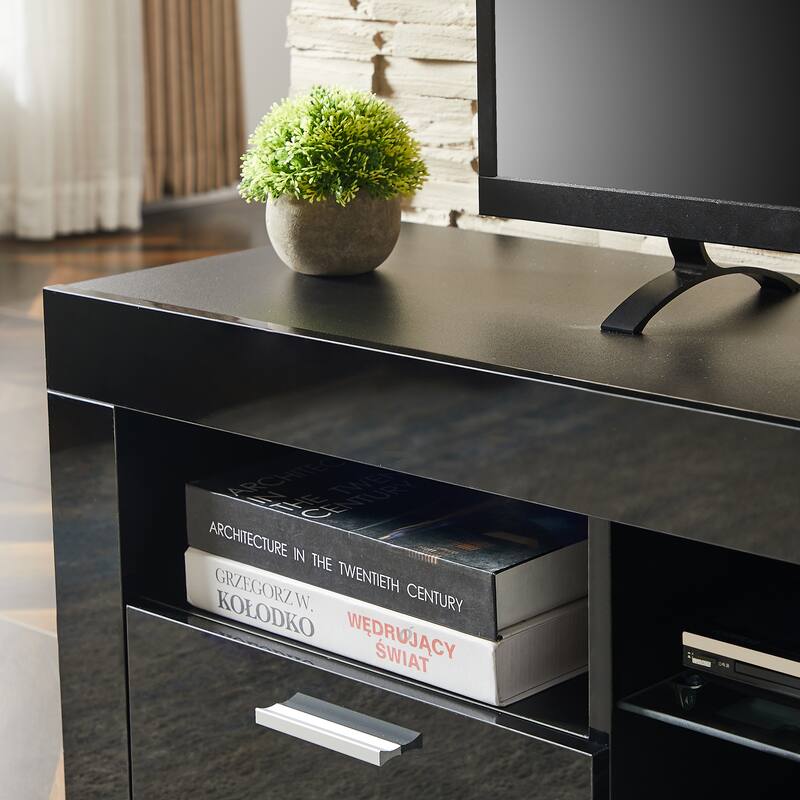 Black 51.2" TV Stand with LED Lights and 2 Large Storage Drawer for TVs Up to 55"
