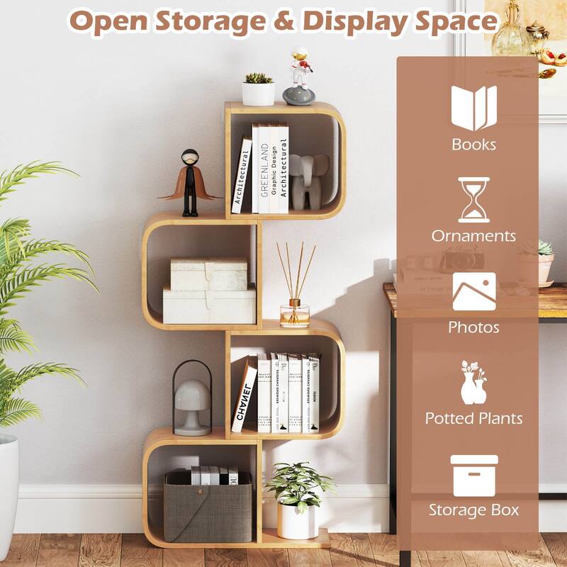 Costway 1/2 PCS 4-Tier S-Shaped Bookcase with 4 Open Cubes Geometric