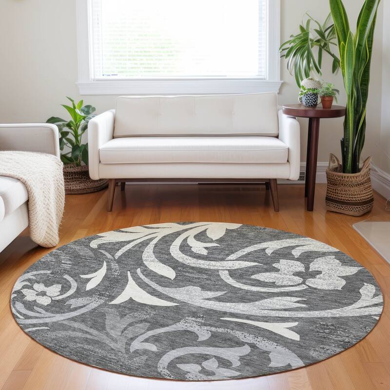 Premium Washable Super Soft Contempory Scroll Mayfield Rug - Charcoal - 8' x 8' - Round