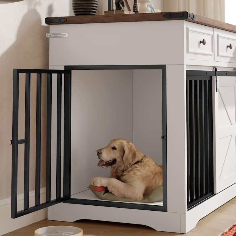 55.1" Dog Crate Furniture, Indoor Dog Kennel with 3 Storage Drawers, Farmhouse Dog Crate
