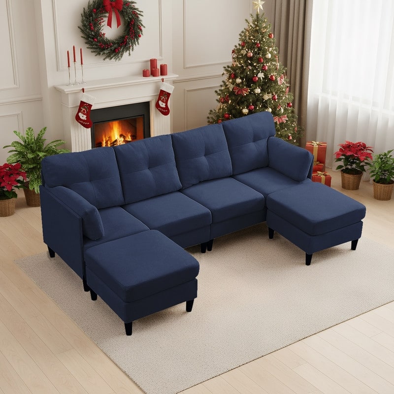 Mixoy W87"U-Shaped Sectional Couches,Velvet 4-Seater Convertible Sofa With Movable Storage Ottomans - W87''*D51.2''*H33.5'' - Blue