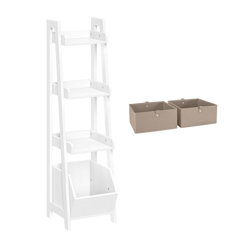 RiverRidge Kids 4-Tier 13in Ladder Shelf Toy Organizer with 3 Open Display Shelves - White with Two 5" Fabric Bins
