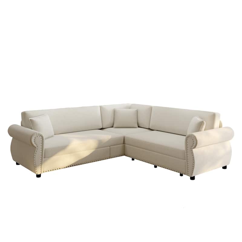 88.2" L-Shaped Sleeper Sectional Sofa with Pull-Out Bed - Chenille Convertible Couch, Nailhead Trim, for Living Room
