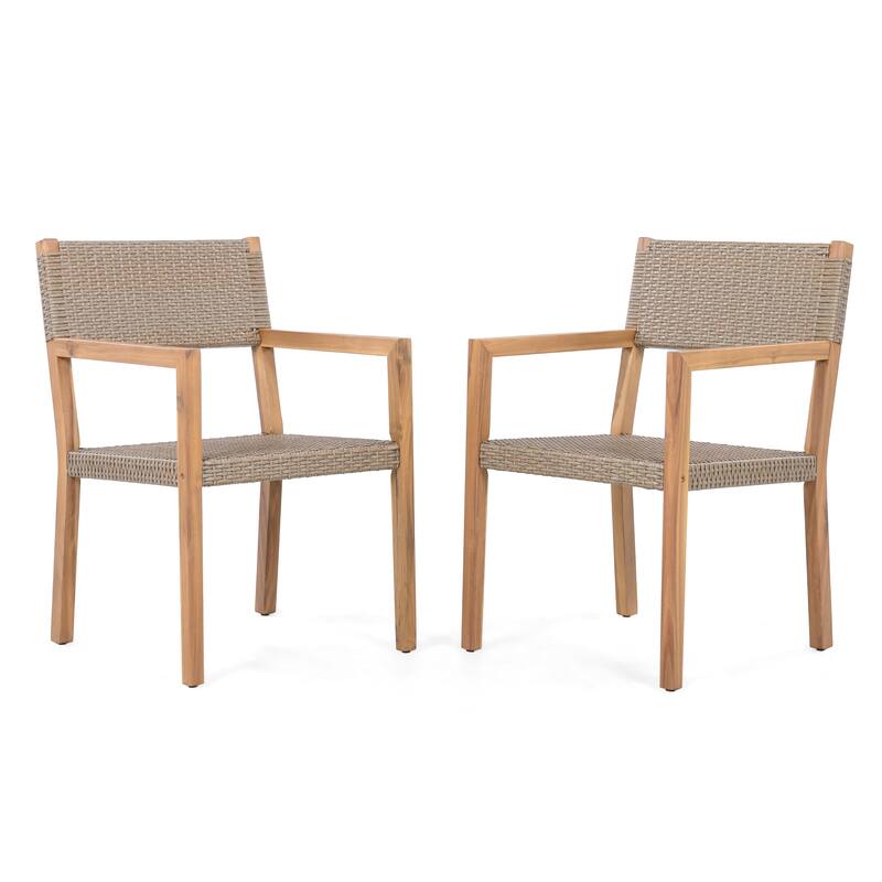 Roomfitters Outdoor Dining Chairs Set of 2 with Light Teak Acacia Wood Frame and PE Wicker, Patio Armchairs - Light Brown