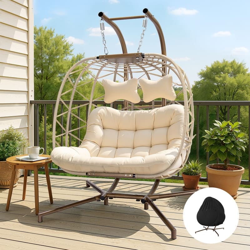 FINCATI Outdoor Double Egg Chair, 700 lbs Indoor Double Egg Chair Swing, Oversized Swing Chair, Cozy Hanging Egg Chair - Beige/Cover