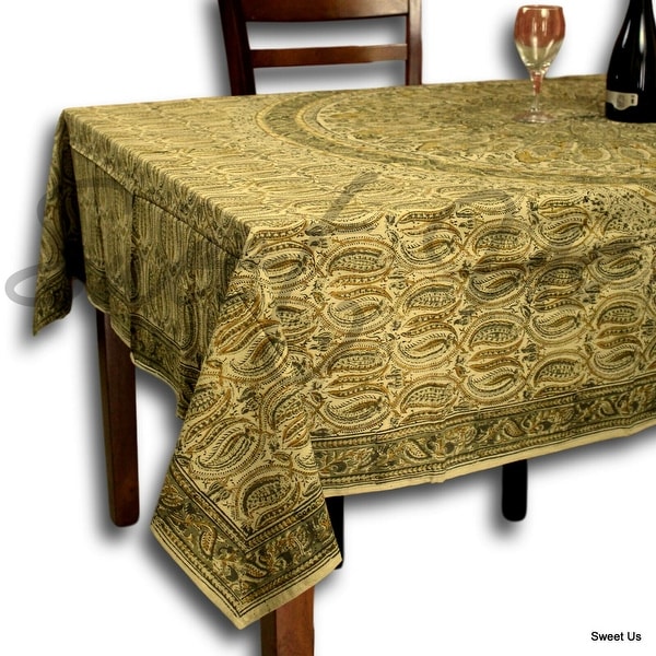 Vegetable Dye Floral Block Print Tablecloth Cotton Green Rectangle Square Round Linen. Opens flyout.