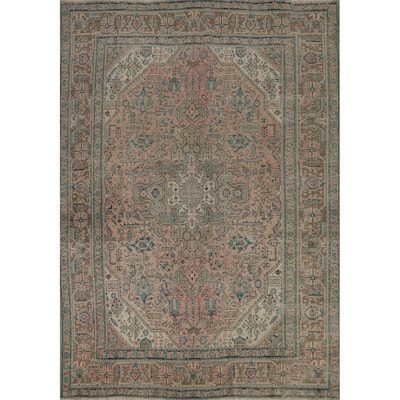 Pink Geometric Tabriz Persian Area Rug Hand-Knotted Wool Carpet - 6'7" x 9'3"