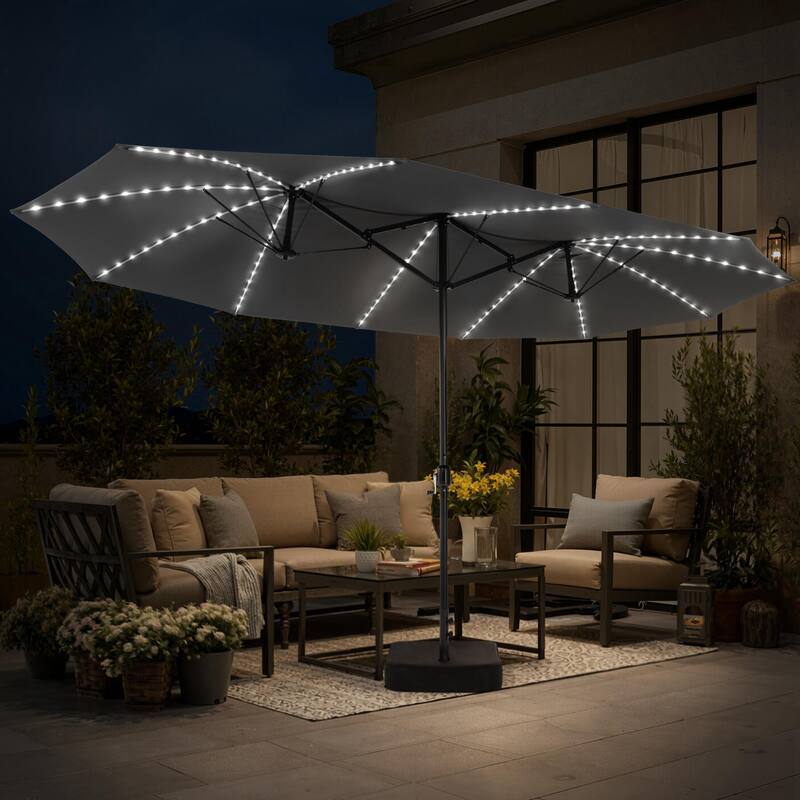 15ft Outdoor Patio Market Umbrella with Base and 144 Solar-Powered Led Lights - DarkGrey