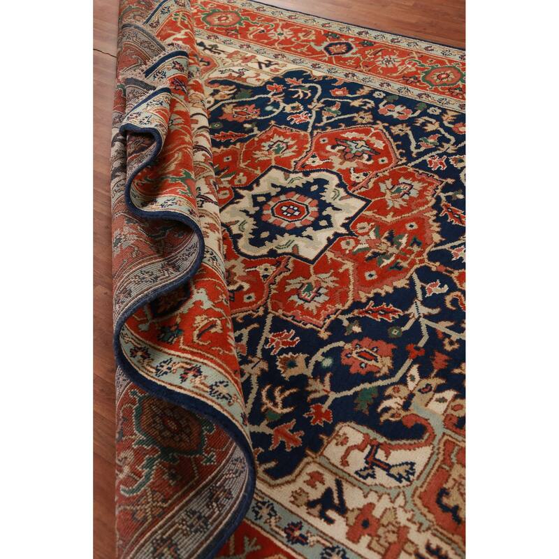 Hand Knotted Oriental 100% Wool Carpet Traditional Medallion Navy Blue & Blues Heriz (serapi) Area Rug - 11' 11'' X 9' 0''