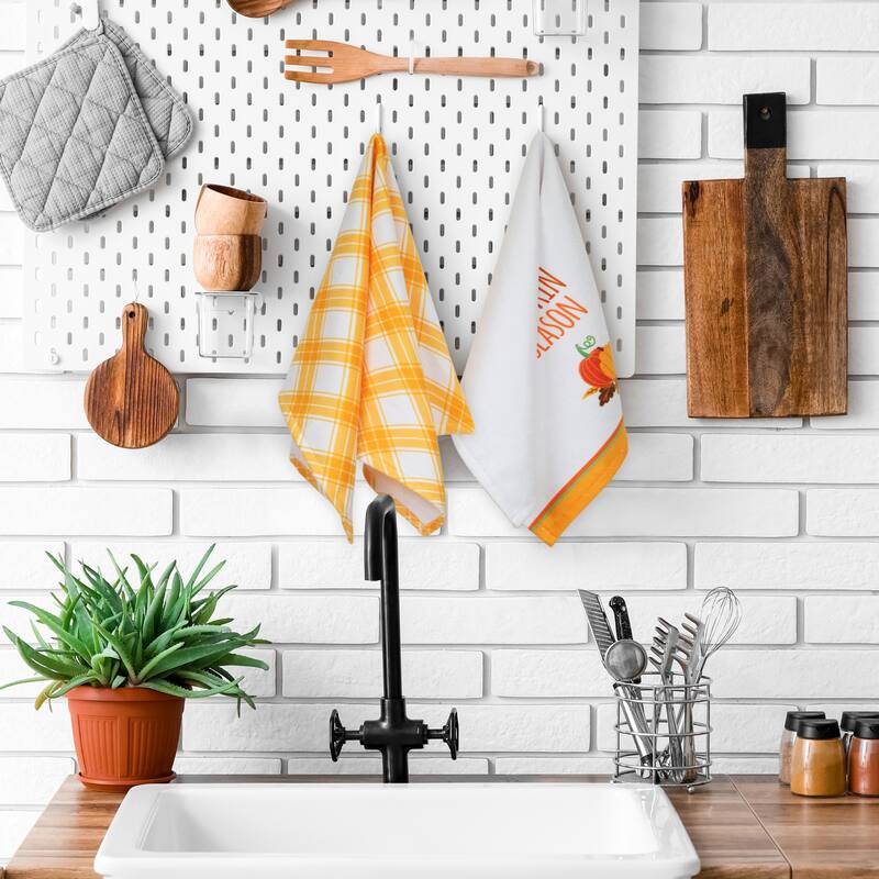 Hello Pumpkin Season and Plaid Fall Harvest Kitchen Tea Towels - 26" - Set of 2