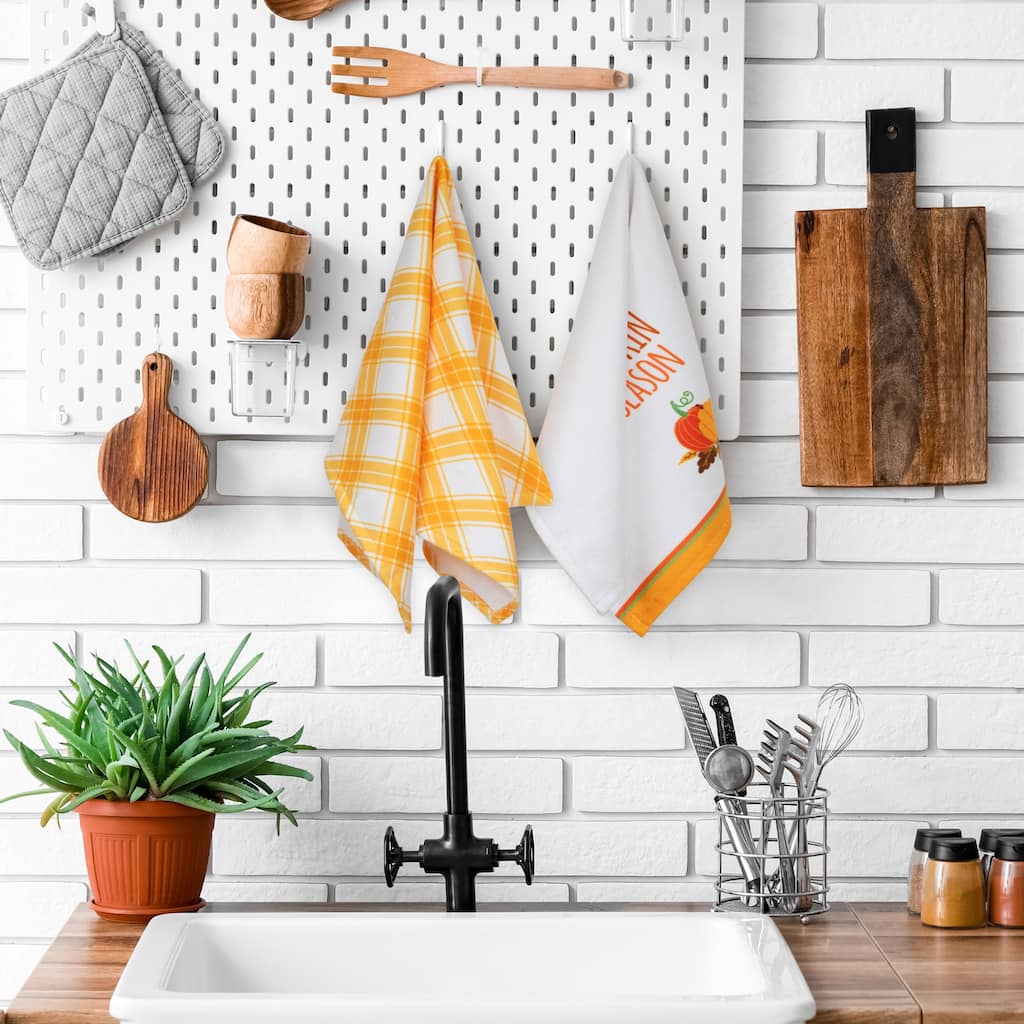 Hello Pumpkin Season and Plaid Fall Harvest Kitchen Tea Towels - 26" - Set of 2