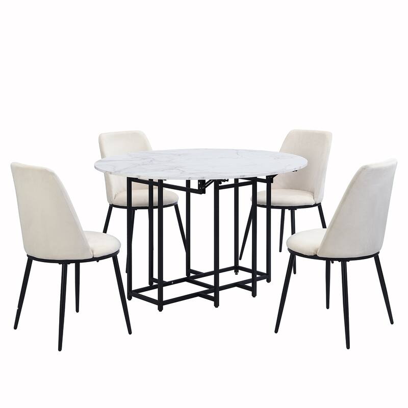 5PCS Extendable Dining Table Set With Faux Marble Top