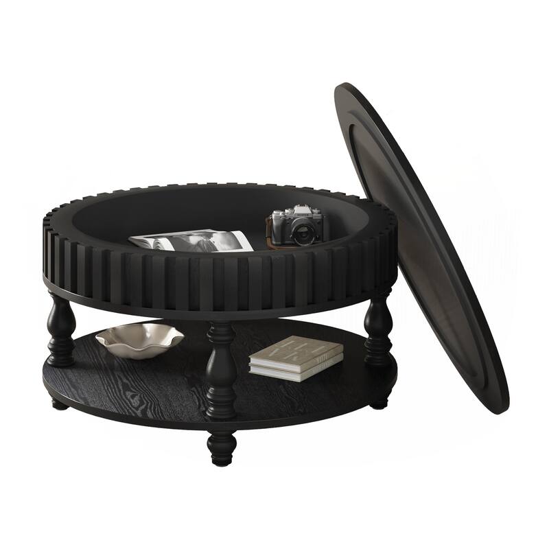 Farmhouse Fluted Coffee Table with Storage and Flip-Top Lids