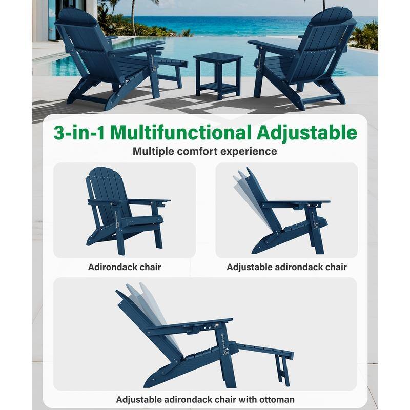 WINSOON Outdoor All-Weather HDPE Folding Adirondack Chair with Ottoman, Cup Holder & Adjustable Back Set of 2