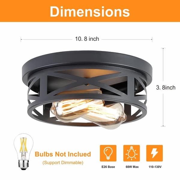 dimension image slide 1 of 4, 2-Light Black Farmhouse Flush Mount Ceiling Light-2 Pack