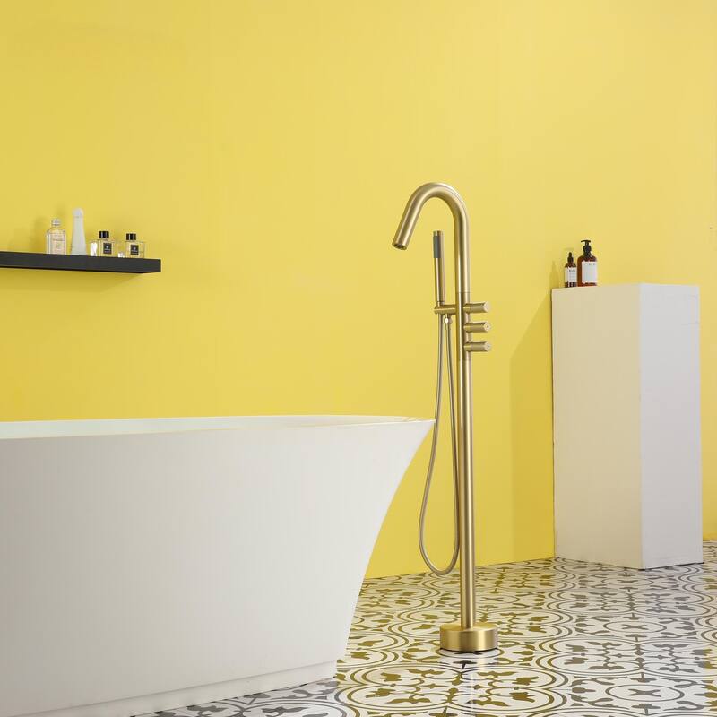 Freestanding Floor Mount 3-Handle Bath Tub Filler Faucet with Handheld Shower