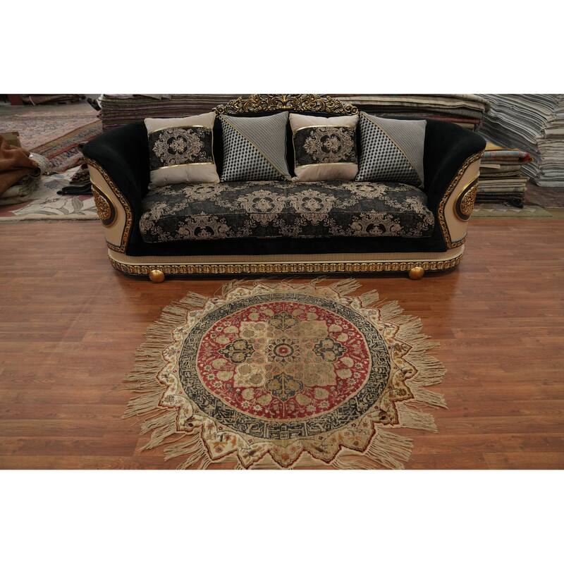Hand Knotted Traditional Silk Red Geometric Area Rug - 4' 3'' X 4' 2''