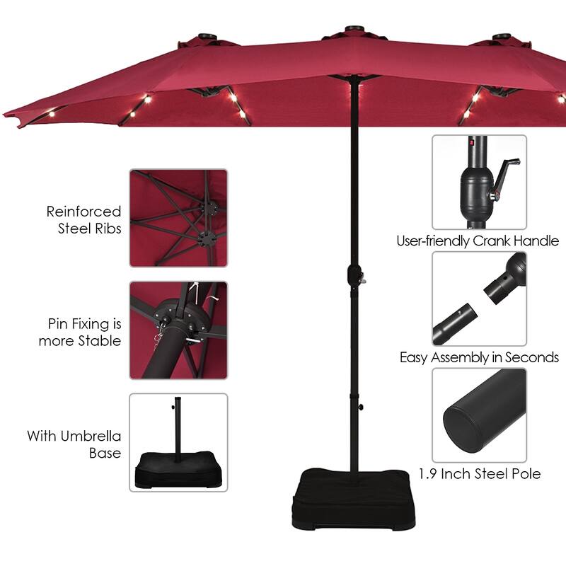 Costway 15Ft Patio Double-Sided Solar LED Market Umbrella Crank Base