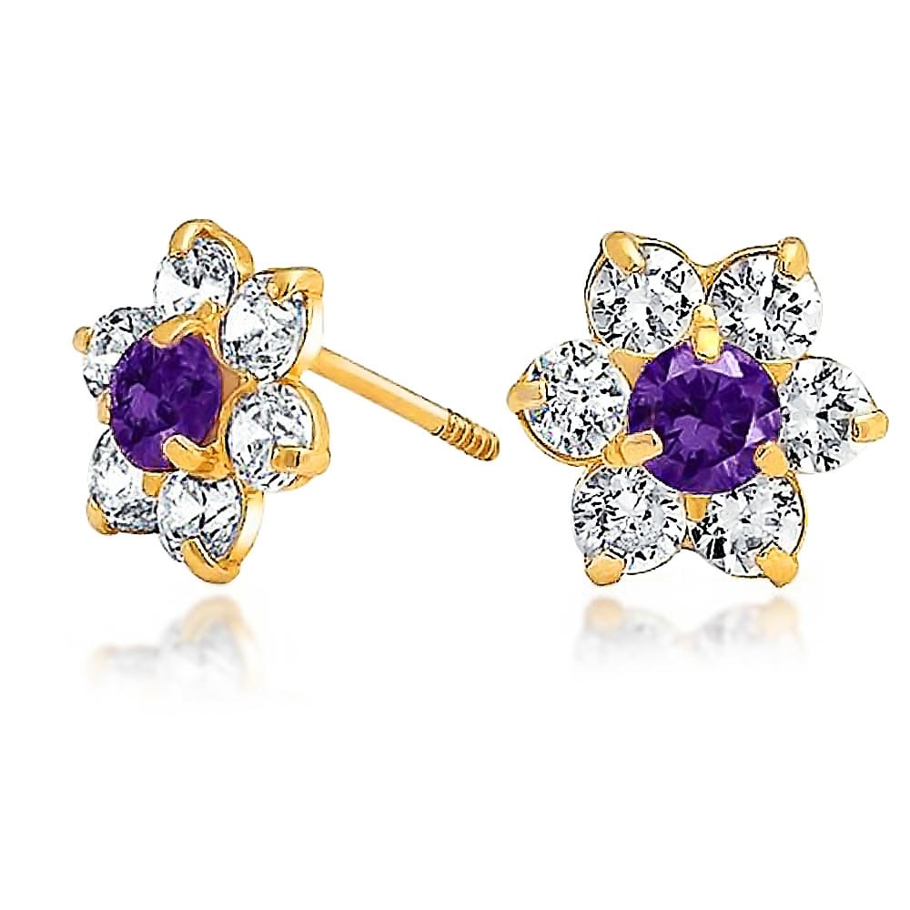 Tiny Purple Cz Flower Stud Earrings For Women Cubic Zirconia Imitation Amethyst 14k Real Gold Back Tiny Purple Cz Flower Stud Earrings For Women Cubic Zirconia Imitation Amethyst 14k Real Gold Back