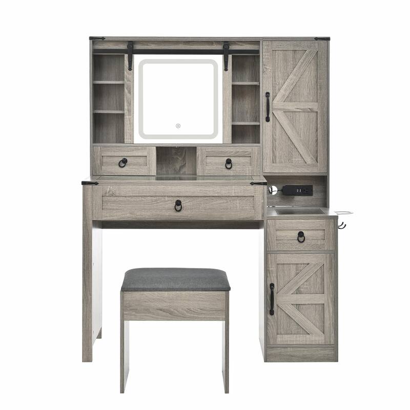 Farmhouse Vanity Desk with Sliding Mirror & Lights, Glass Top Vanity Set