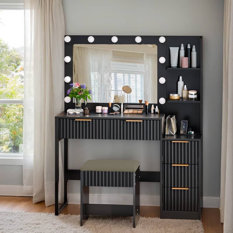 Particle Board Veneered with Textured Melamine, 5-drawer 2-Shelf, comes with 11 Three-color Dimmable Bulbs, Dressing Table Set - Black