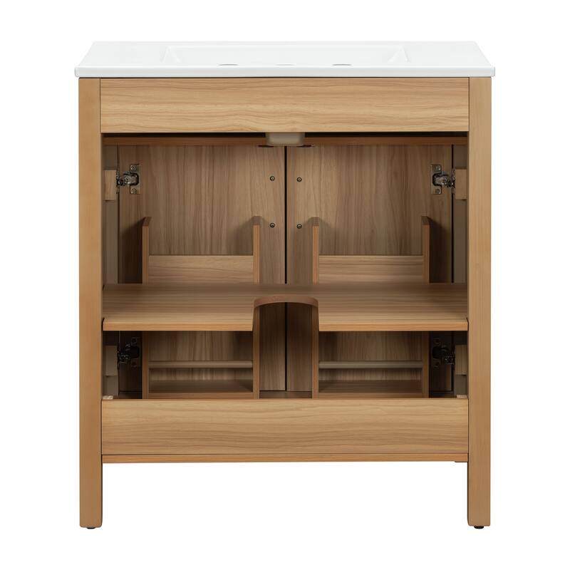 30" Wood Bathroom Vanity with Solid Wood Frame - 2 Soft-Close Doors, 1 Flip Drawer, Adjustable Shelf (Sink Not Included)