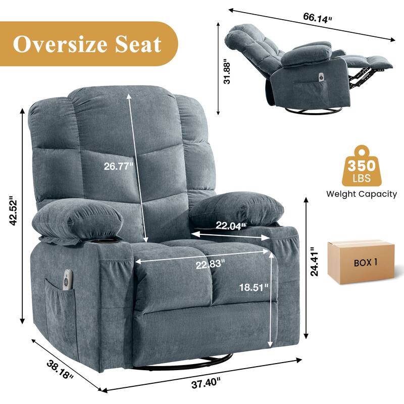 Oversized Massage Swivel Recliner Chair with Lumbar Heating for Living Room Rocker Recliner with Cup Holders and USB Charge Port