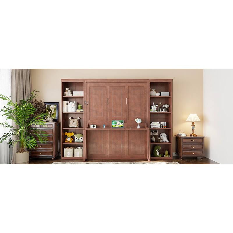Roomfitters Full/Queen Size Murphy Bed with Desk and Bookshelf Storage, Space Saving, Dark Brown