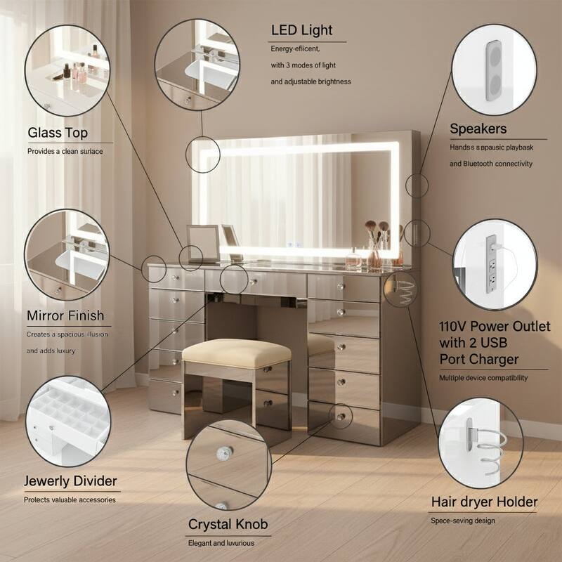 Extra-Large Vanity Desk with LED Mirror, Bluetooth Speakers, 11 Drawers and USB Ports