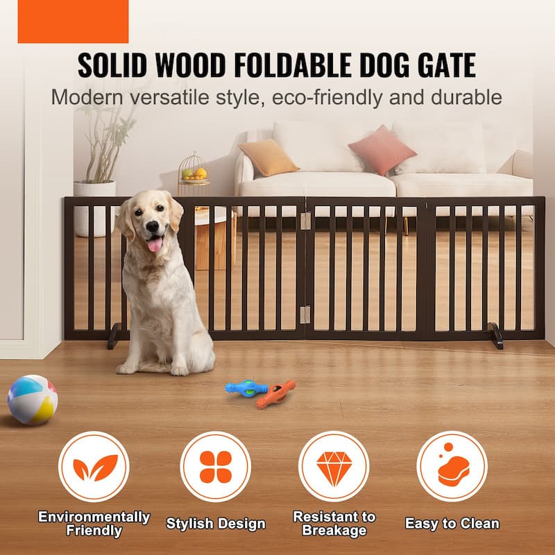 4 Panels Wooden Freestanding Foldable Dog Gate Stand with Footpads Ideal for Indoor Pets - 80.31 x 9.65 x 24.02 in