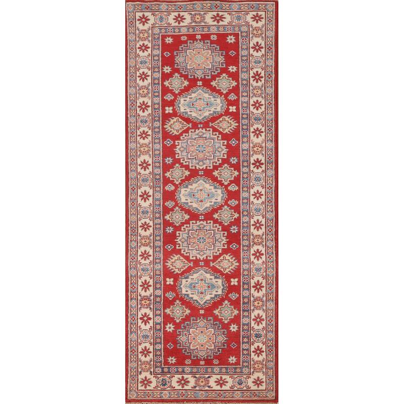 Geometric Red Kazak Runner Rug Hallway Hand-Knotted Wool Carpet - 2'7" x 8'0"