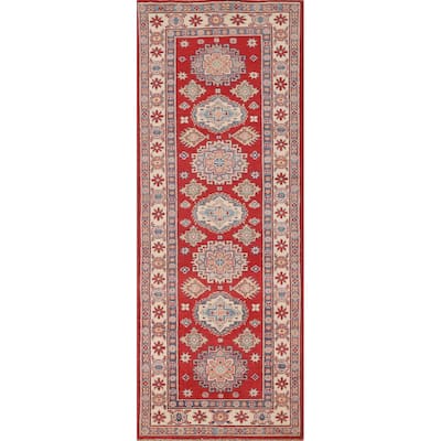 Geometric Red Kazak Runner Rug Hallway Hand-Knotted Wool Carpet - 2'7" x 8'0"