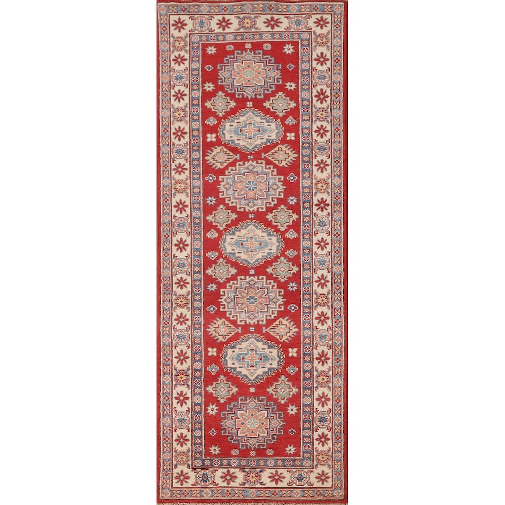 Geometric Red Kazak Runner Rug Hallway Hand-Knotted Wool Carpet - 2'7" x 8'0"