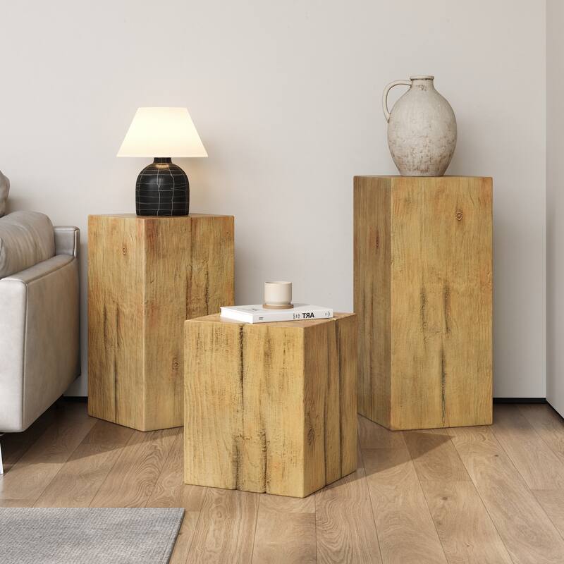 Roomfitters Retro Natural Style Side Table Set, Stackable Square-Column MGO End Tables for Living Room, Bedroom