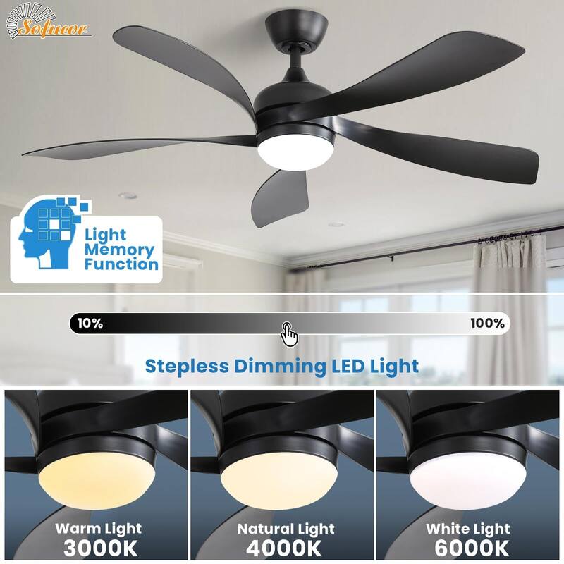 52 Inch Ceiling Fan with Remote & Lights Quiet DC Motor 5 Blade High CFM Modern Fan