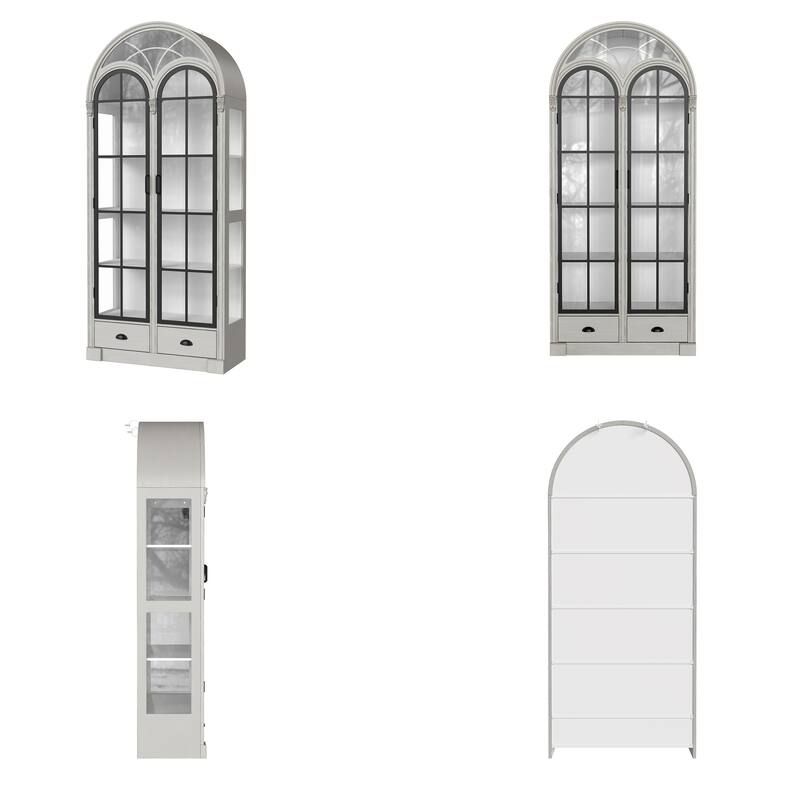 Arched Glass Door Display Cabinet with Iron Frame, Tall Curio Bookcase with Drawers, Farmhouse Storage Cabinet