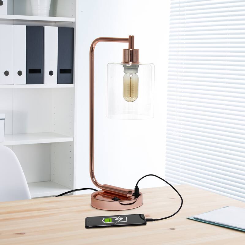 Simple Designs 18.8" Iron Lantern Desk Table Lamp with USB Port, Antique Brass, With LED Bulb