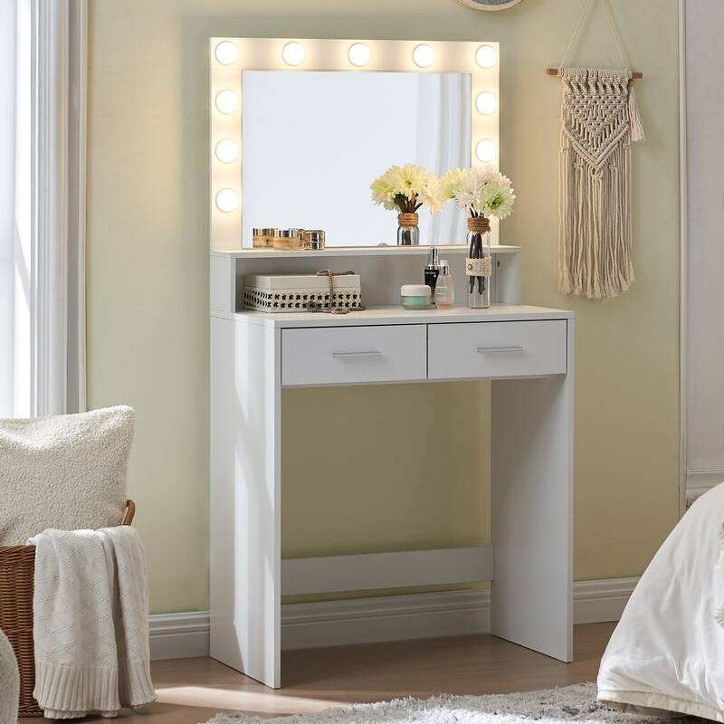 LED Vanity Desk with Mirror, Large Drawer & 3-Light Modes, Dressing Table for Bedroom