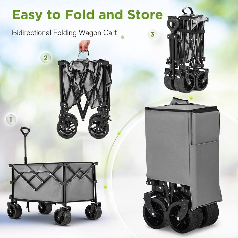 EROMMY Heavy Duty Folding Wagon Cart - All Terrain Collapsible Utility Wagon with Big Wheels, Brakes & Cup Holders for Camping