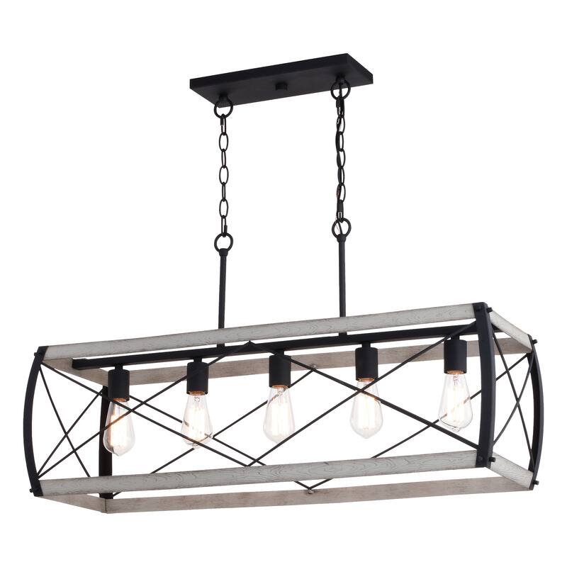 Montclare 5L Black and White Ash Wood Farmhouse Cage Linear Chandelier Island Pendant Light Fixture